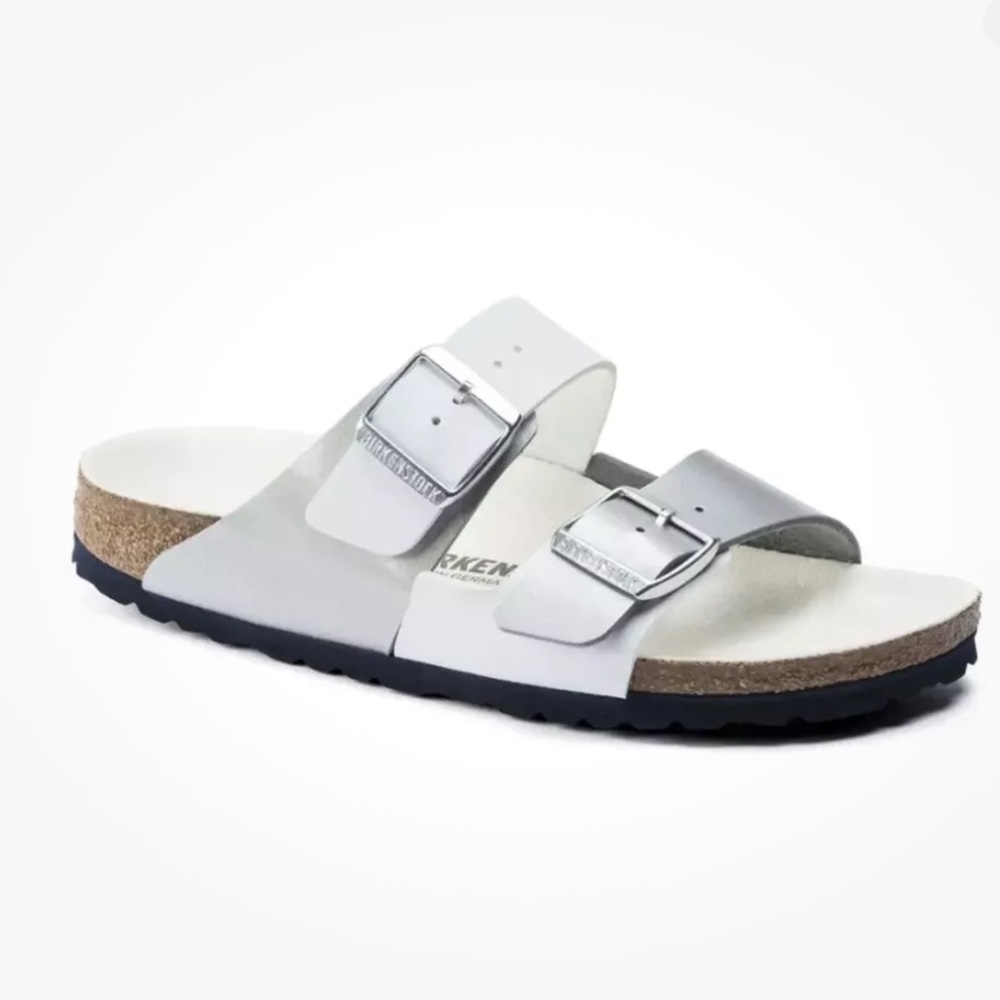 Birkenstock Women's Arizona Birko Flor Split White Silver Sandal Narrow fit